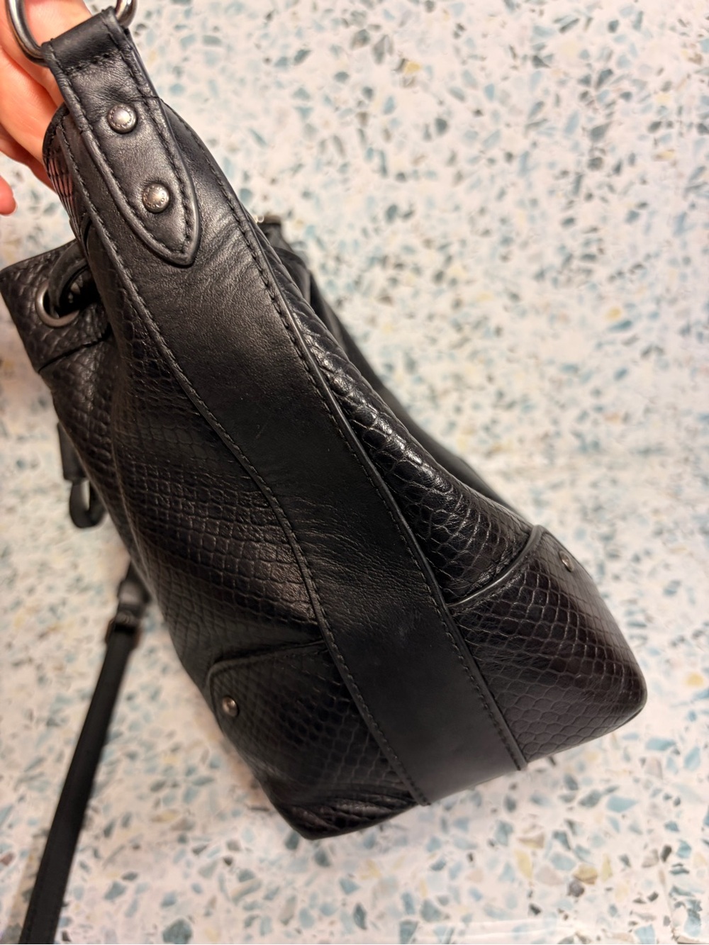Coach Mickie Black Snakeskin Embossed Leather Drawstring Shoulder Bag F35928 - Picture 5 of 9